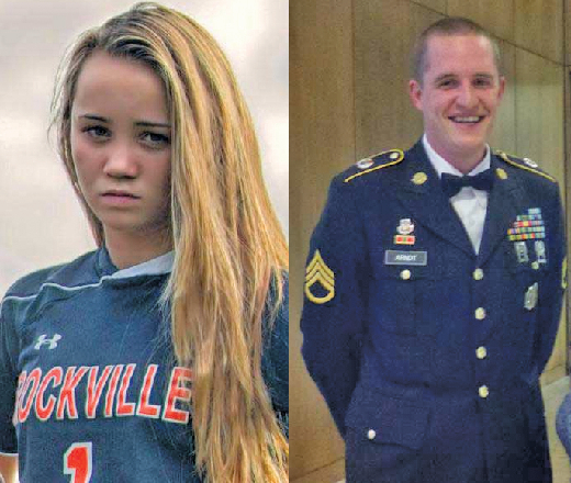 El Sargento Adam Arndt, de 31 años, fue encontrado muerto de una herida de bala el lunes por la mañana dentro de su casa de Germantown, Maryland Michelle Miller, 17, un senior en la escuela secundaria de Rockville.